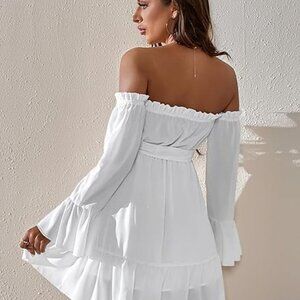 Dresses | Womens Off Shoulder Flare Sleeve Ruffle Hem Belted Dress Nwt ...